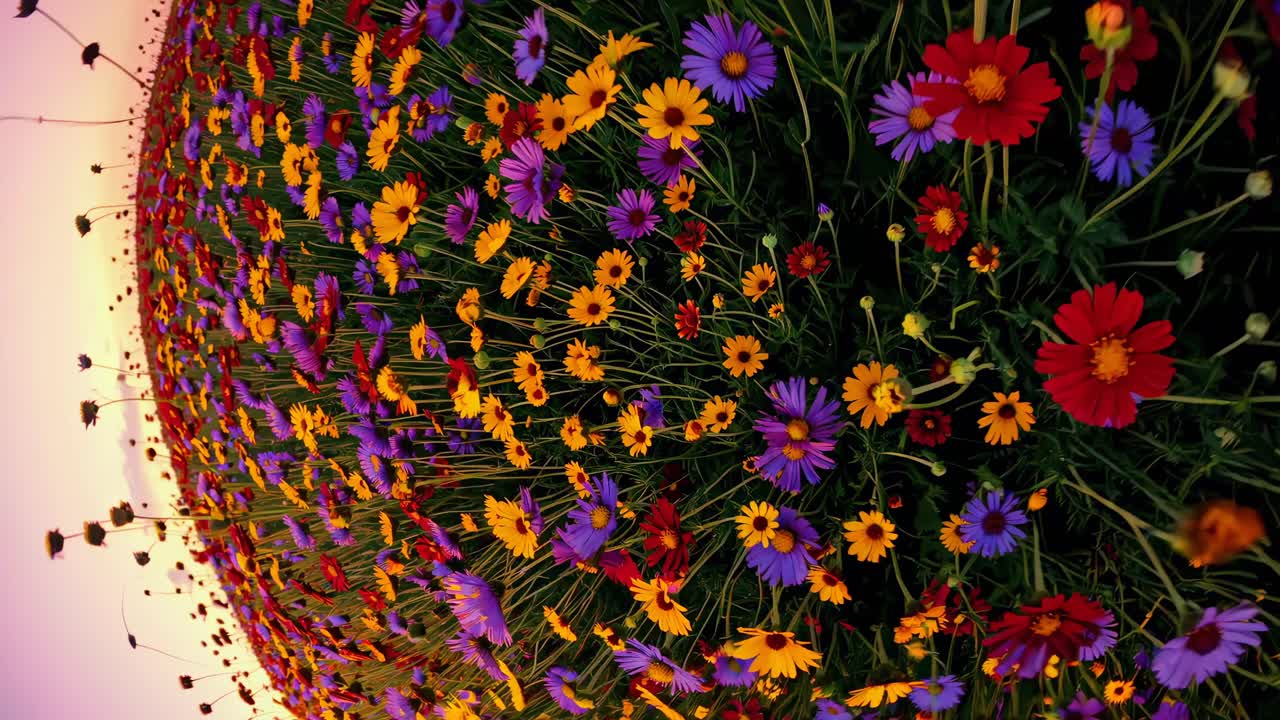 A vibrant field of colorful flowers captured with a fisheye lens at sunset, creating a spherical