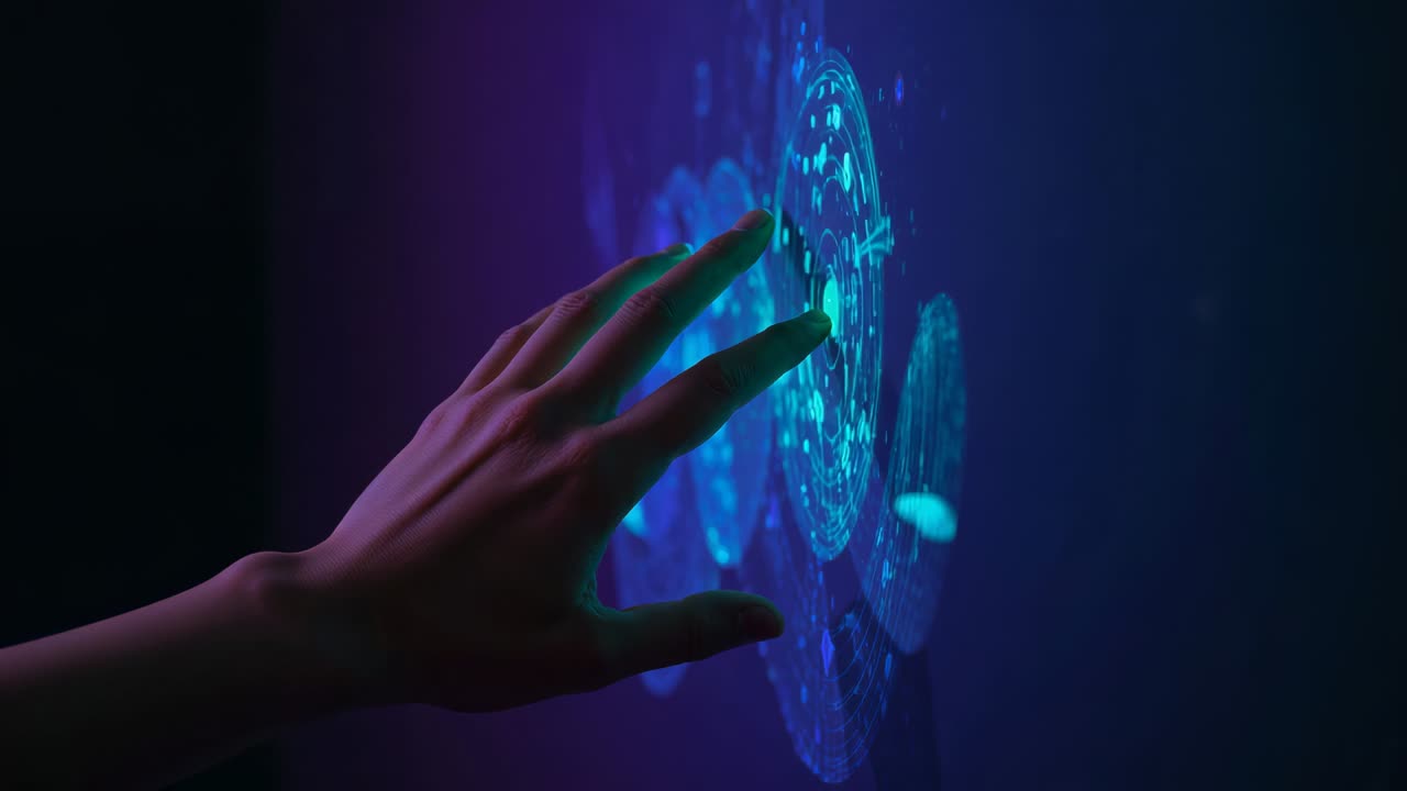 Approaching green-lit left hand activating cyan ring on wall UI in dark studio, selecting icons