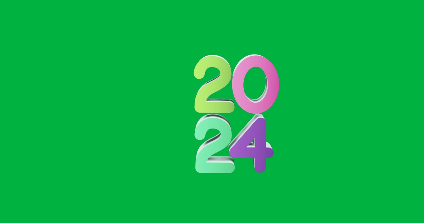 Animazione del numero 2024 del nuovo anno in diversi colori su sfondo trasparente.