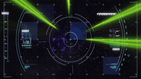 Animation-of-flashing-coloured-light-beams-over-circular-scanner-processing-data-on-black-background