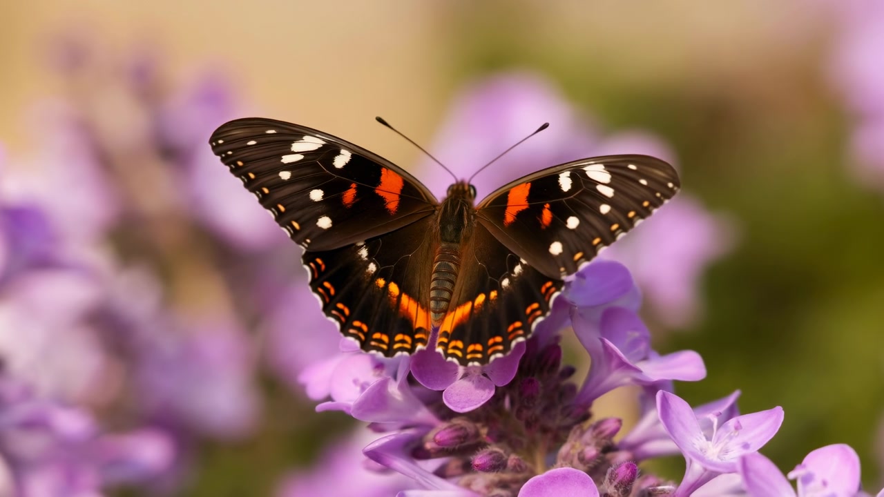 Scena macro ravvicinata di una farfalla scura che apre le ali mentre si posa su fitti fiori di phlox viola, luce diurna soffusa che rivela il motivo delicato, antenne sollevate, petali afferrati e una delicata atmosfera da giardino.