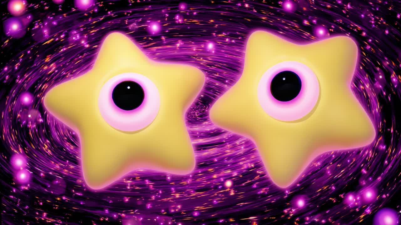 Whimsical Cosmic Stars: Two Uniquely Animated Yellow Star Characters With Big Purple Eyes, Floating Against a Mystical Purple and Black Swirling Galaxy Background in a Playful Universe