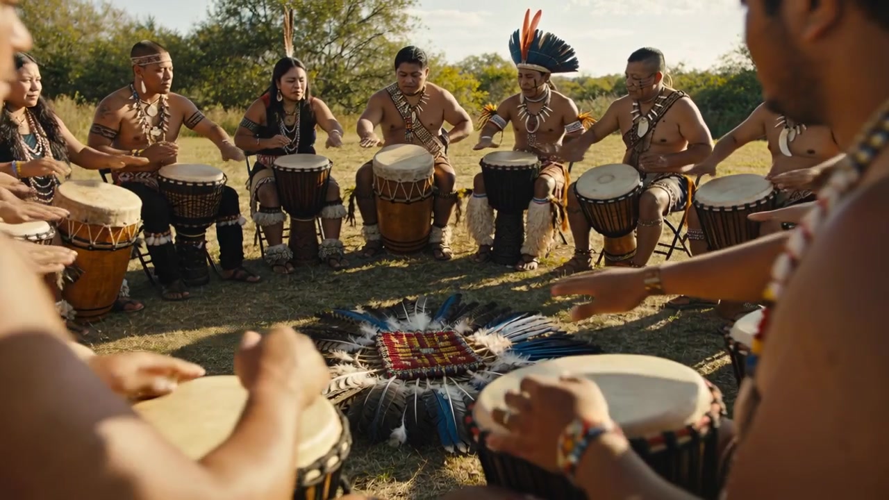 Leader che segnala a tamburini indigeni con perline che suonano e battono le mani per una cerimonia in una radura, tamburi a mano.