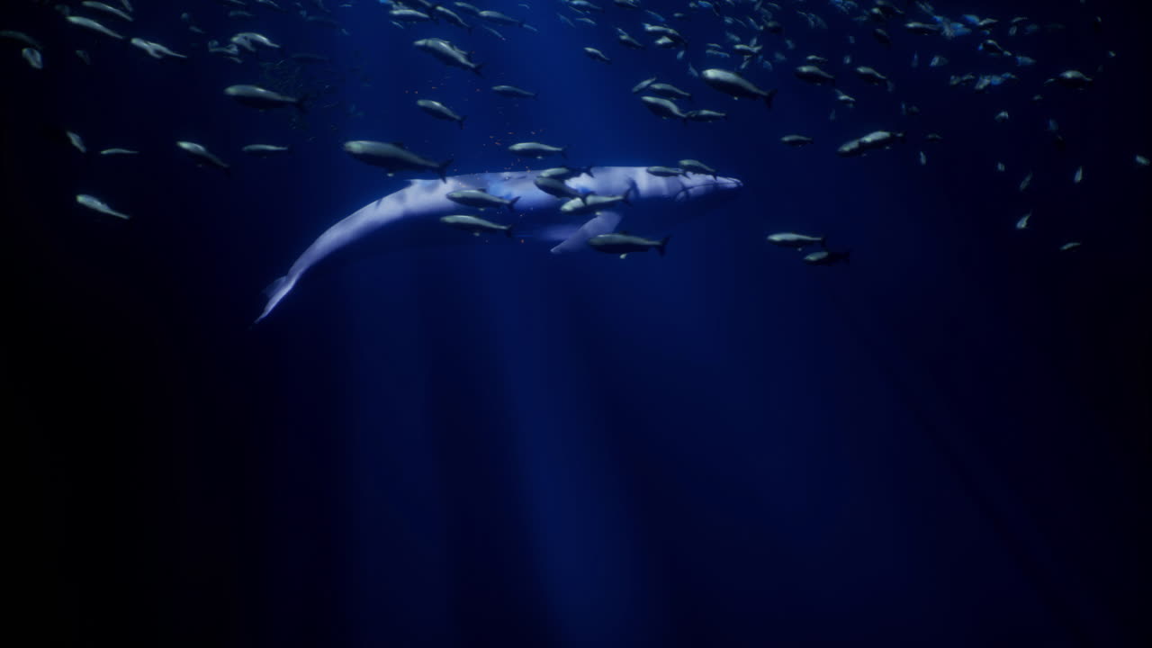 Majestic whale swimming gracefully among schools of fish in deep ocean