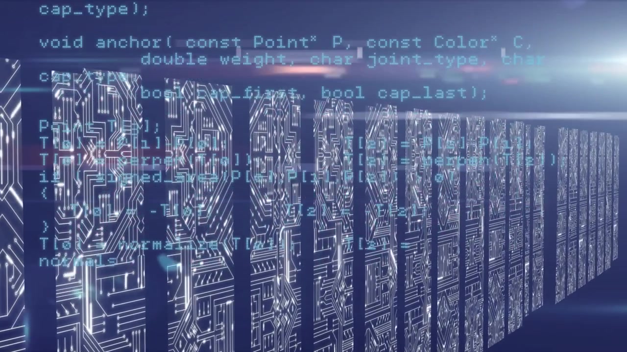 Animation of data processing on navy background with integrated circuits and lights