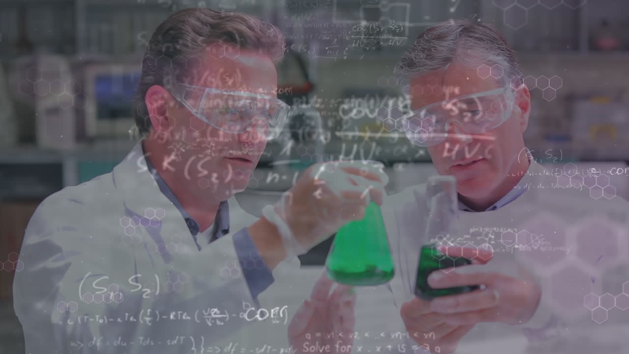 Animation of data processing and chemical formulas over caucasian male senior lab workers