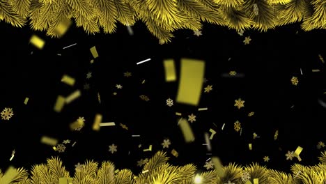 Animation-of-gold-snowflakes-and-confetti-falling-on-black-background-with-christmas-tree-border