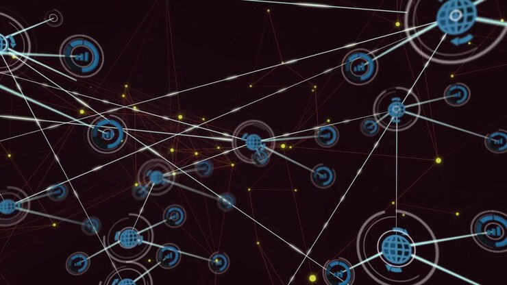 Animation of network of connections with icons over black background