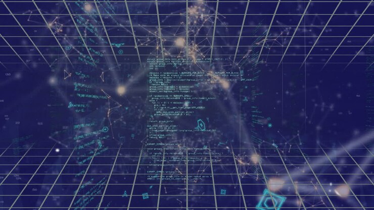 Animation of network of connections with icons over data processing