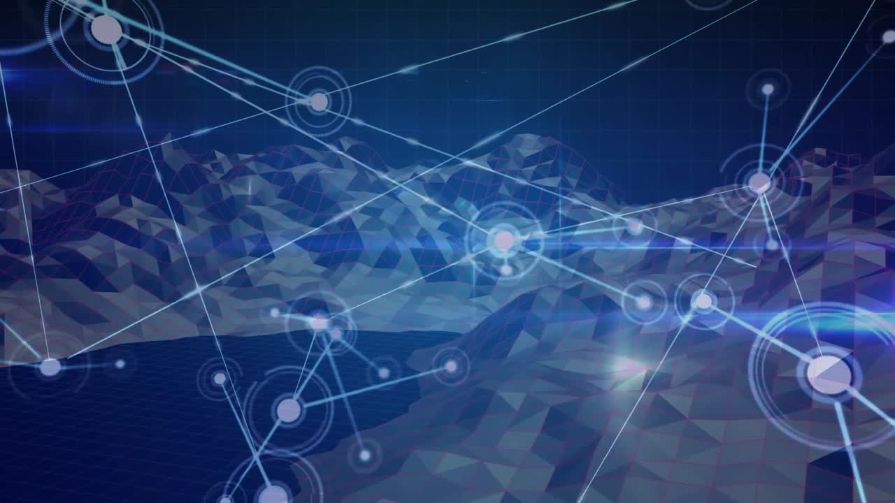 Central glowing node initiating growing network over low-poly peaks, lines spreading nodes forming
