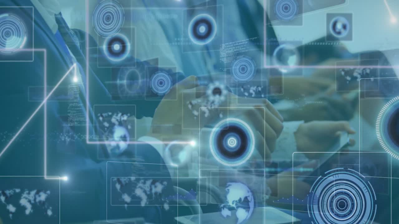 animación del procesamiento de datos financieros sobre un grupo de empresarios en la oficina