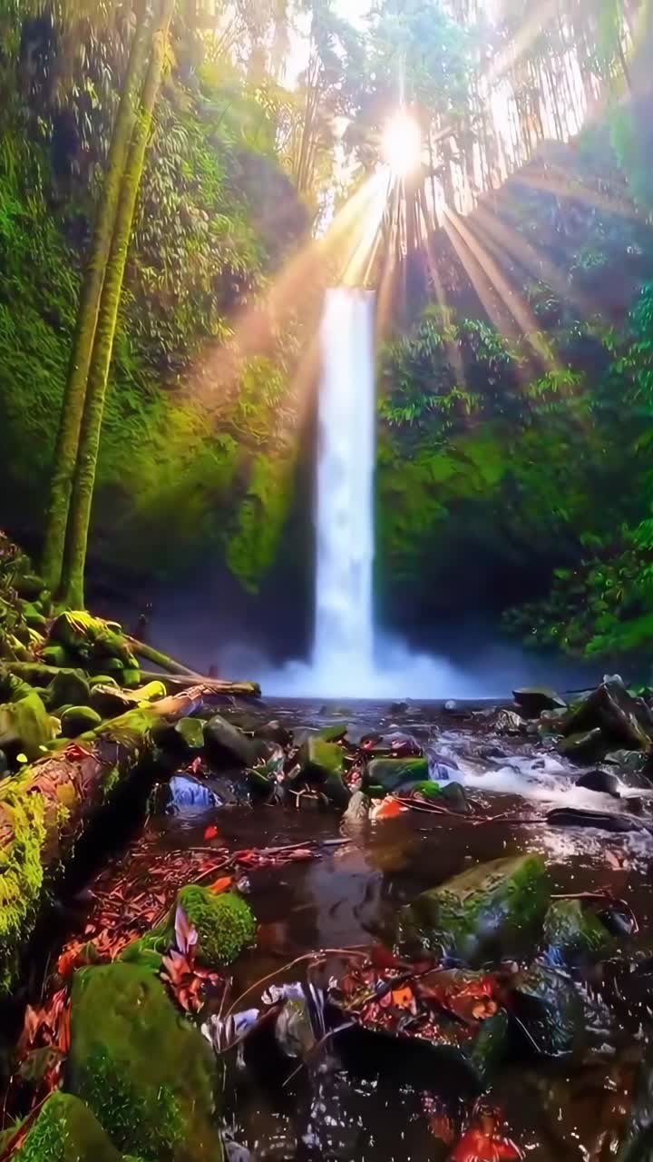 Cachoeira Majestosa em Floresta Tropical Exuberante com Raios de Sol