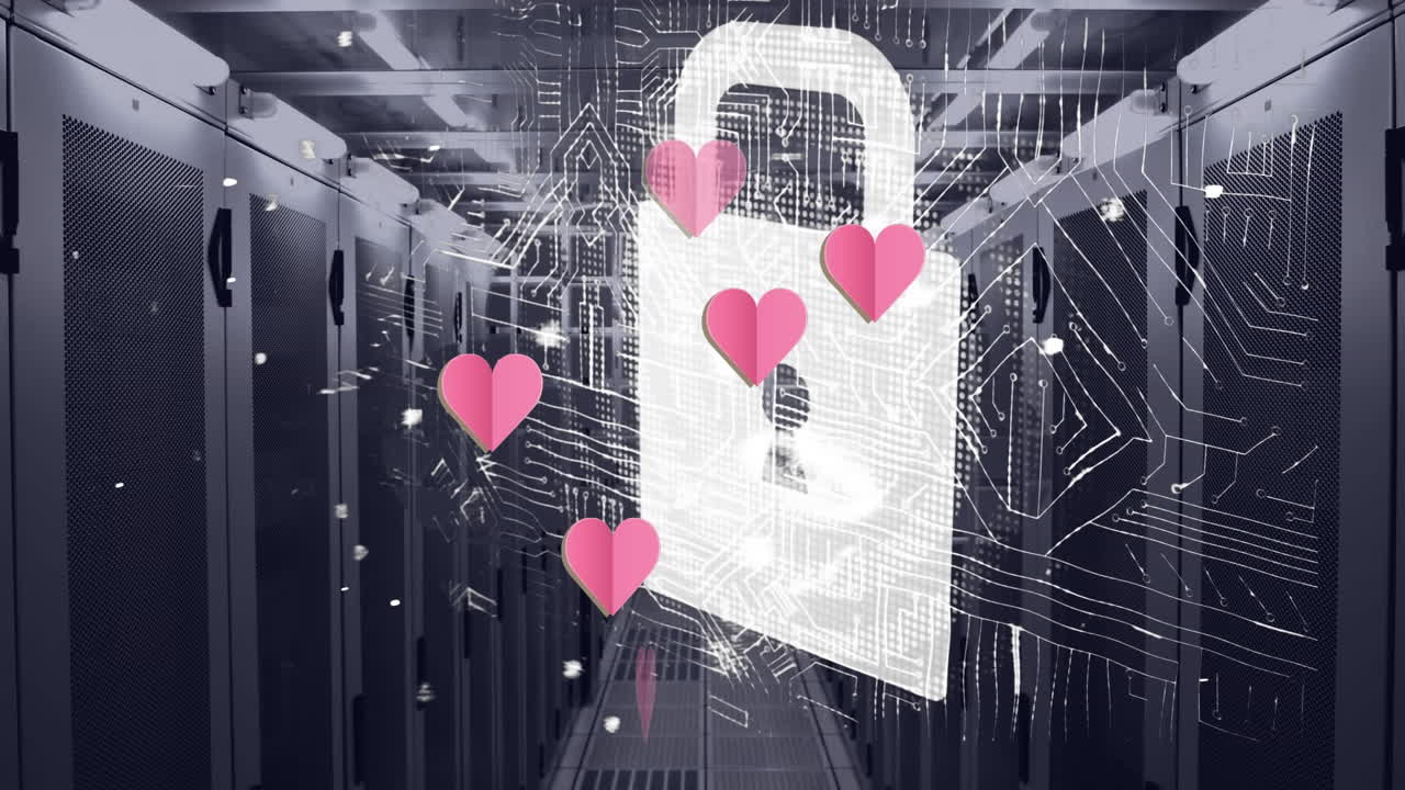 animación de iconos de corazón con letras y icono de candado sobre la placa de circuitos y la sala del servidor