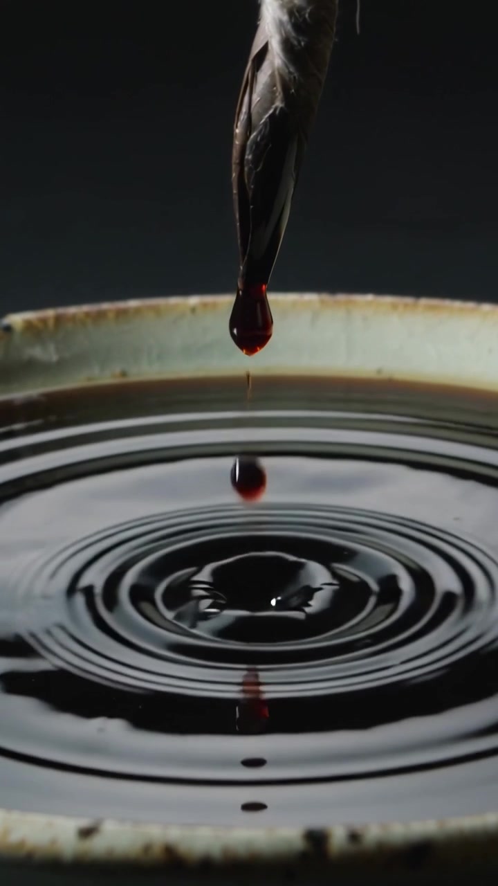 Video verticale: Formazione di un filo liquido che fa rilasciare inchiostro a una penna d'oca in una ciotola su un tavolo.