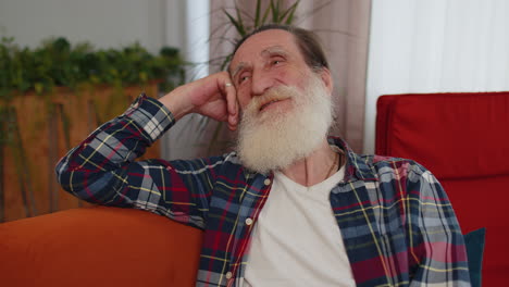 happy calm senior man smiling dreaming resting, relaxing, good news, feel satisfied at home couch