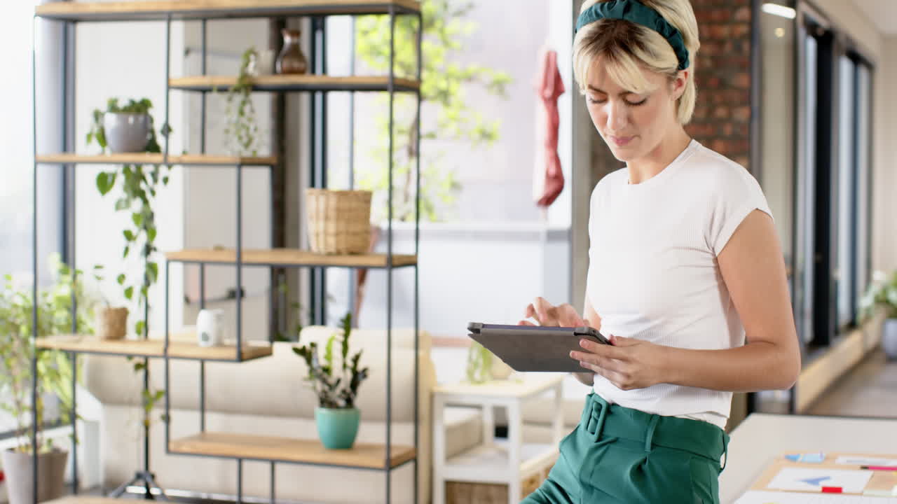 Using tablet, woman working in creative writing business office space