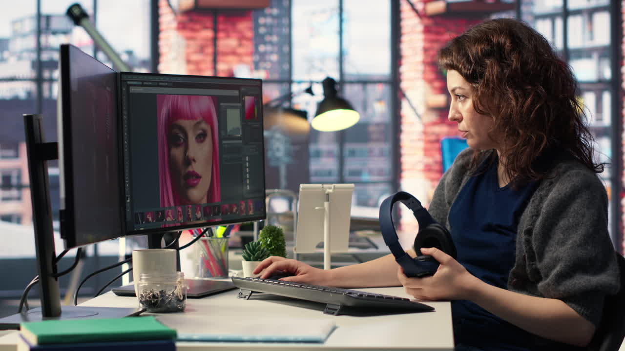 Female editor designer retouches photos on dual monitors desktop