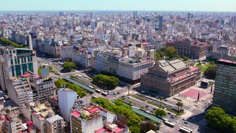 Aerial-view-establishing-the-city-of-Buenos-Aires,-drone-shot-of-9-de-Julio-Avenue,-Obelisco-and-the-Colon-Theater-on-a-sunny-day