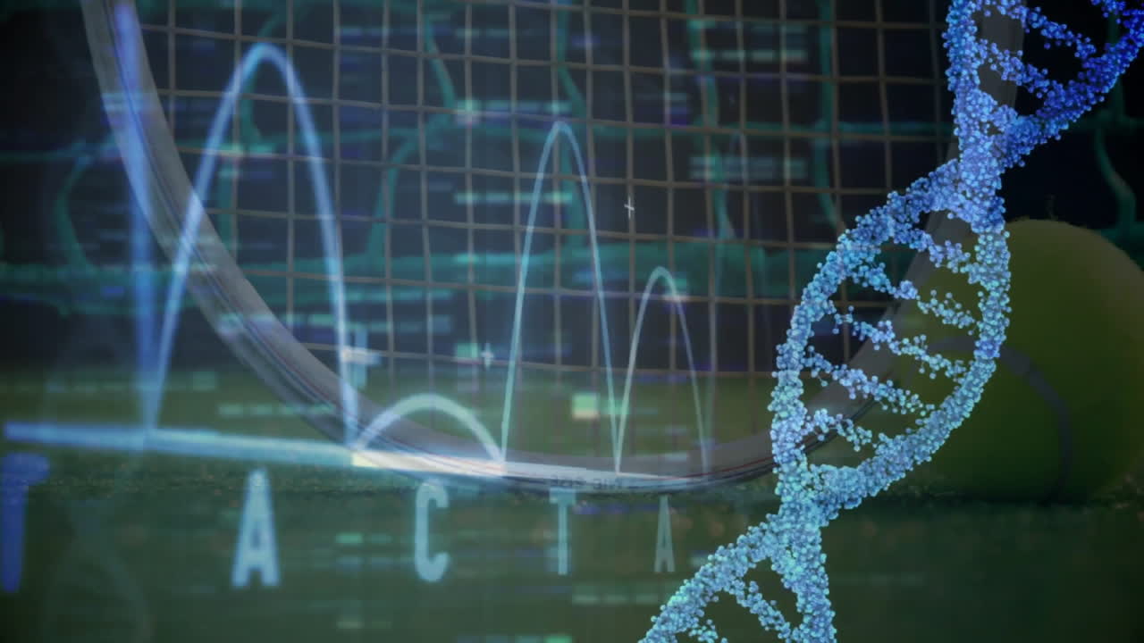 Animating tennis court scene with floating 3D DNA helix and data grid, showing racket, ball