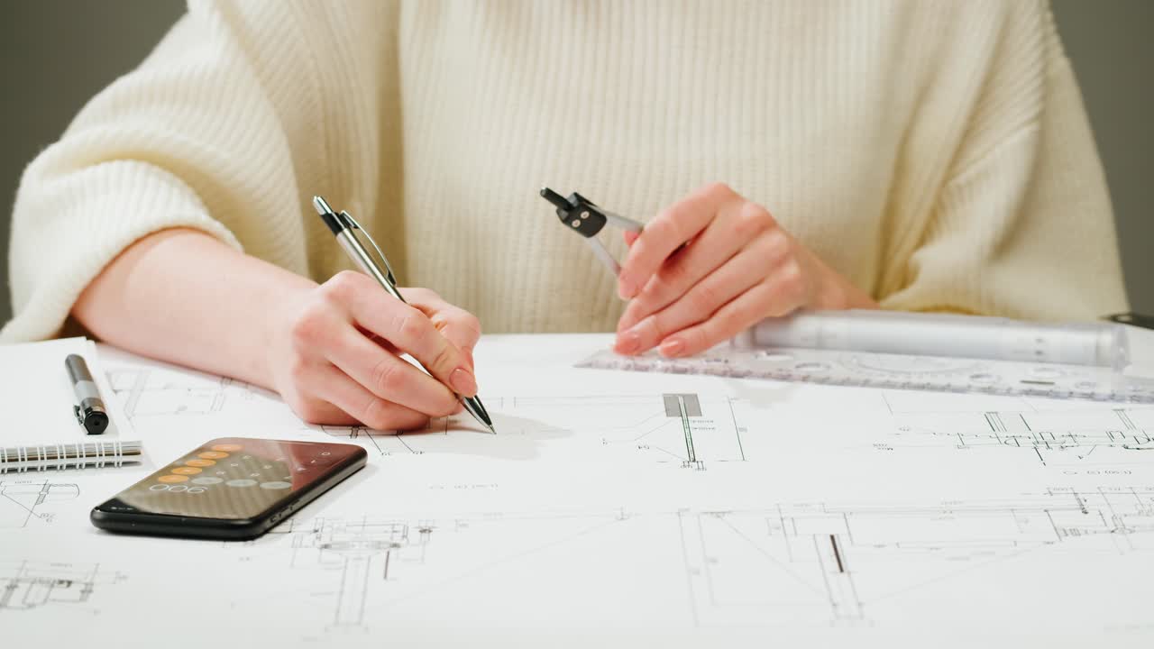 Person working on architectural and engineering drawings