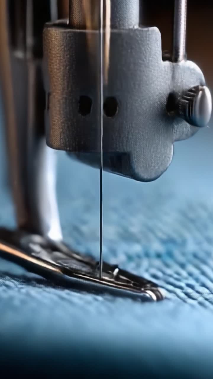 A Close-Up Perspective of a Sewing Machine Needle in Action, Capturing the Intricate Details of Stitching on Fabric with a Bold Thread Against a Textured Surface