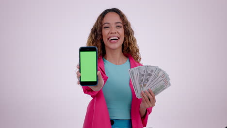 Mujer,-Dinero-Y-Teléfono-Con-Pantalla-Verde-Para-Dinero-En-Efectivo.