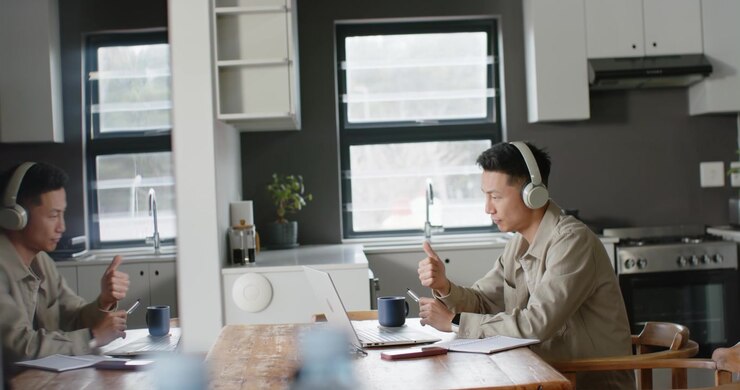 Asian colleagues wearing headphones writing notes and giving thumbs up during online meeting