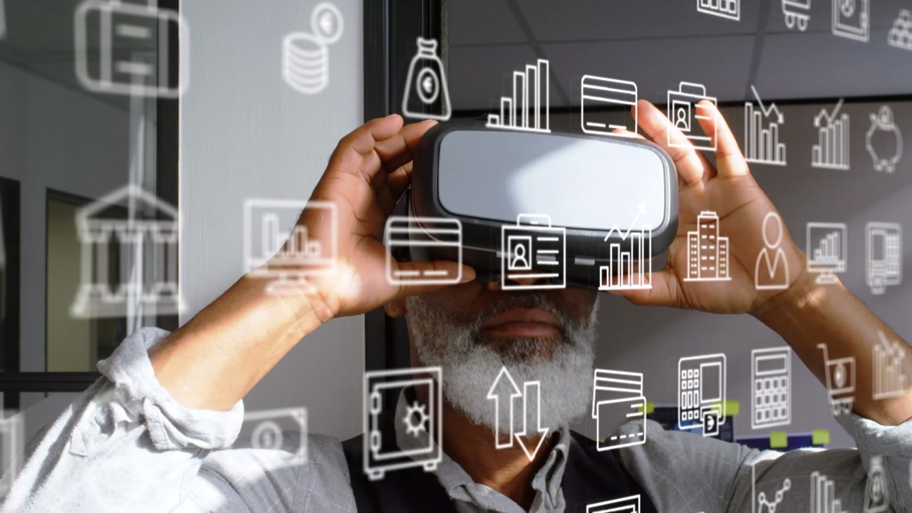 Multiple digital icons over african american senior man wearing vr headset at office