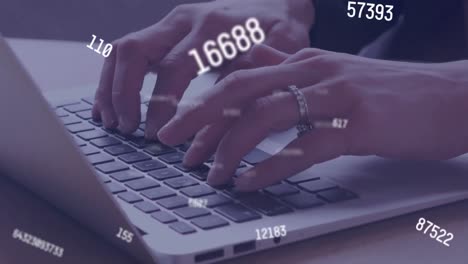 Animation of multiple changing numbers against mid section of woman using laptop