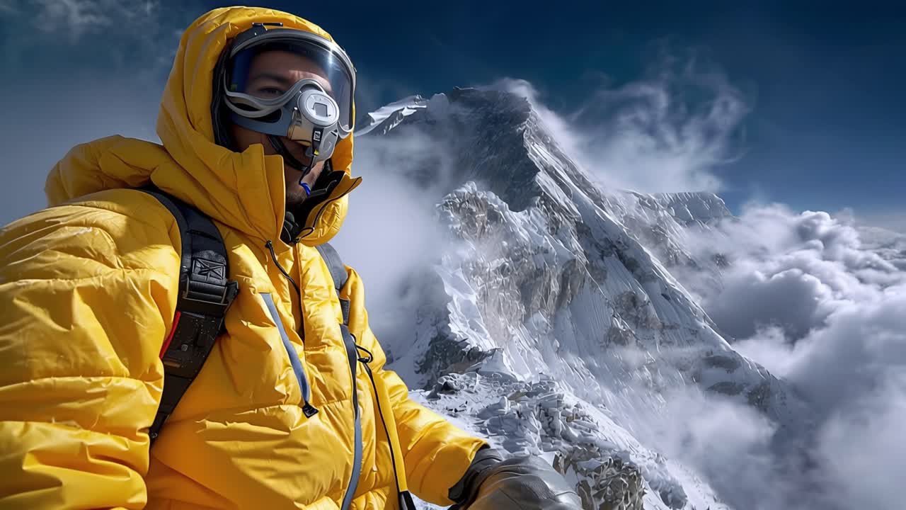 Un alpiniste se dresse fièrement devant des sommets imposants. Une veste jaune le protège du vent et du froid en haute altitude. Les nuages tourbillonnent en contrebas tandis qu'il contemple un sommet lointain. Il respire à travers un masque.