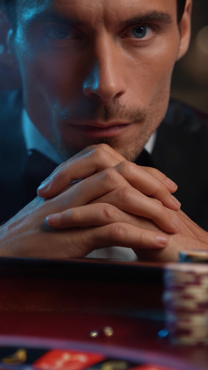 Un giocatore concentrato contempla la sua prossima mossa a un tavolo da casinò ad alte puntate, assorto nei pensieri con monete e carte allineate, pronto per la scommessa che lo attende.