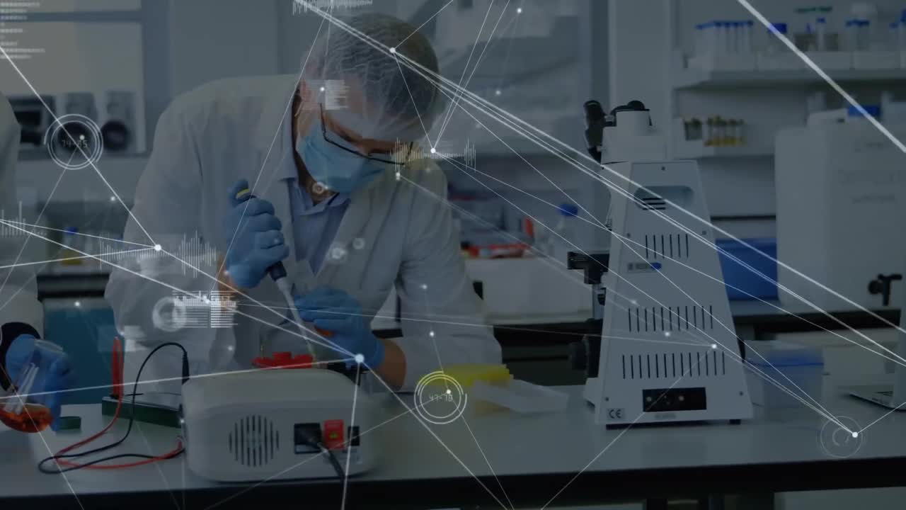 animación de iconos conectados, iconos de gráficos sobre diversos científicos que trabajan en el laboratorio