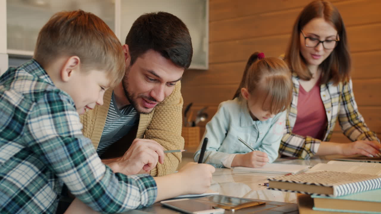 Family Doing Homework Together in Kitchen