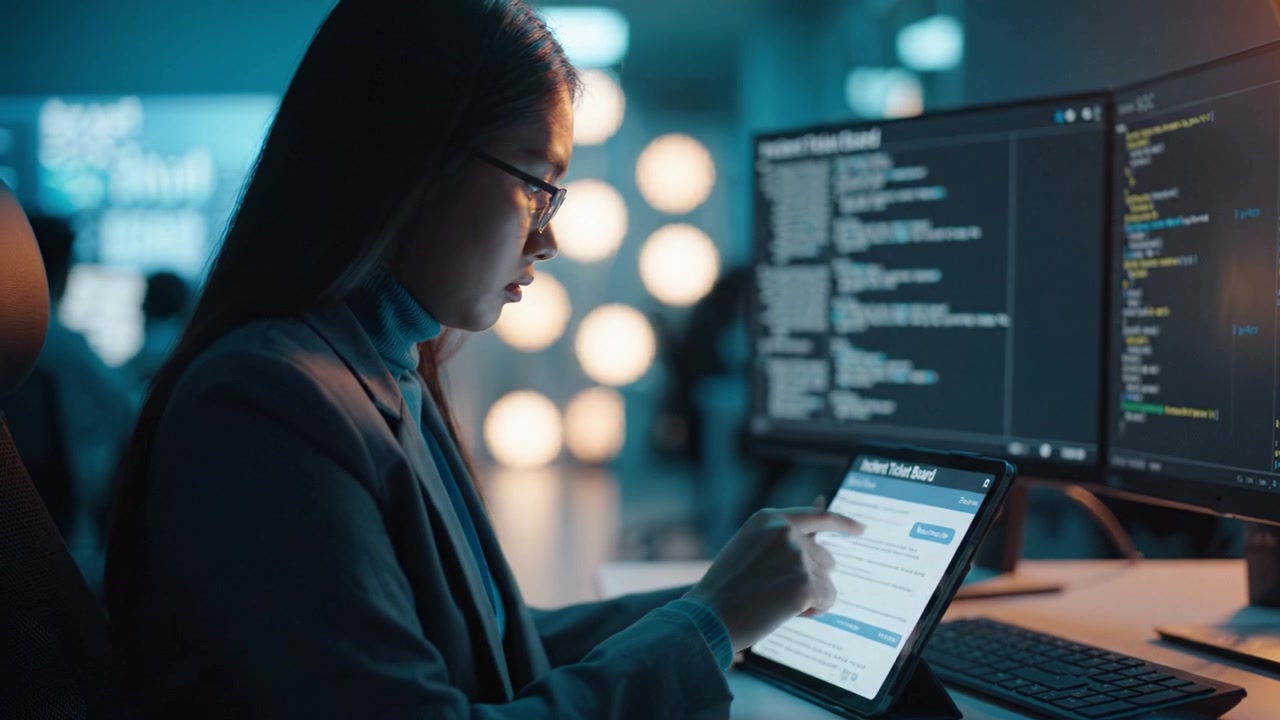 Analytical Professional Collaborating on Data Insights with a Tablet in a Modern Office Filled with High-Tech Screens and Code Displays at Night.