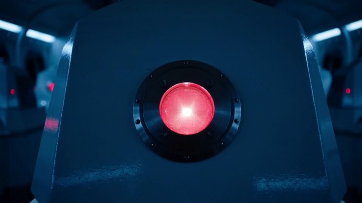 Switching indicator signaling green, opening capsule in blue bay, revealing hooded occupant