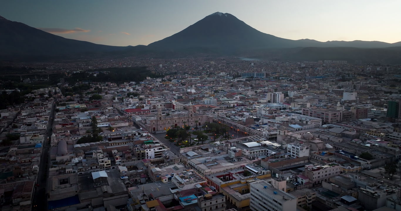 Basilica cathedral of Arequipa with aerial view over city toward Misti volcano