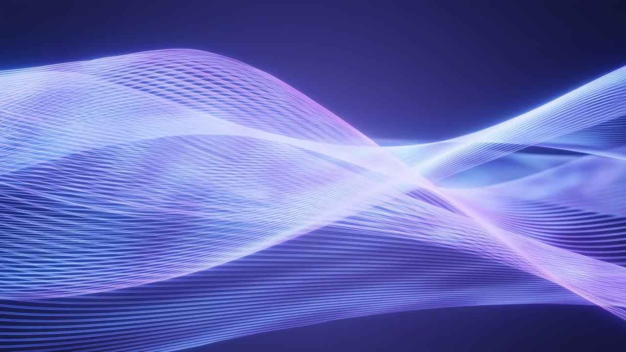 Sweeping Purple Sinewave Mesh Flows Across Dark Canvas, Layered Translucent Lines Form Calming Ribbons