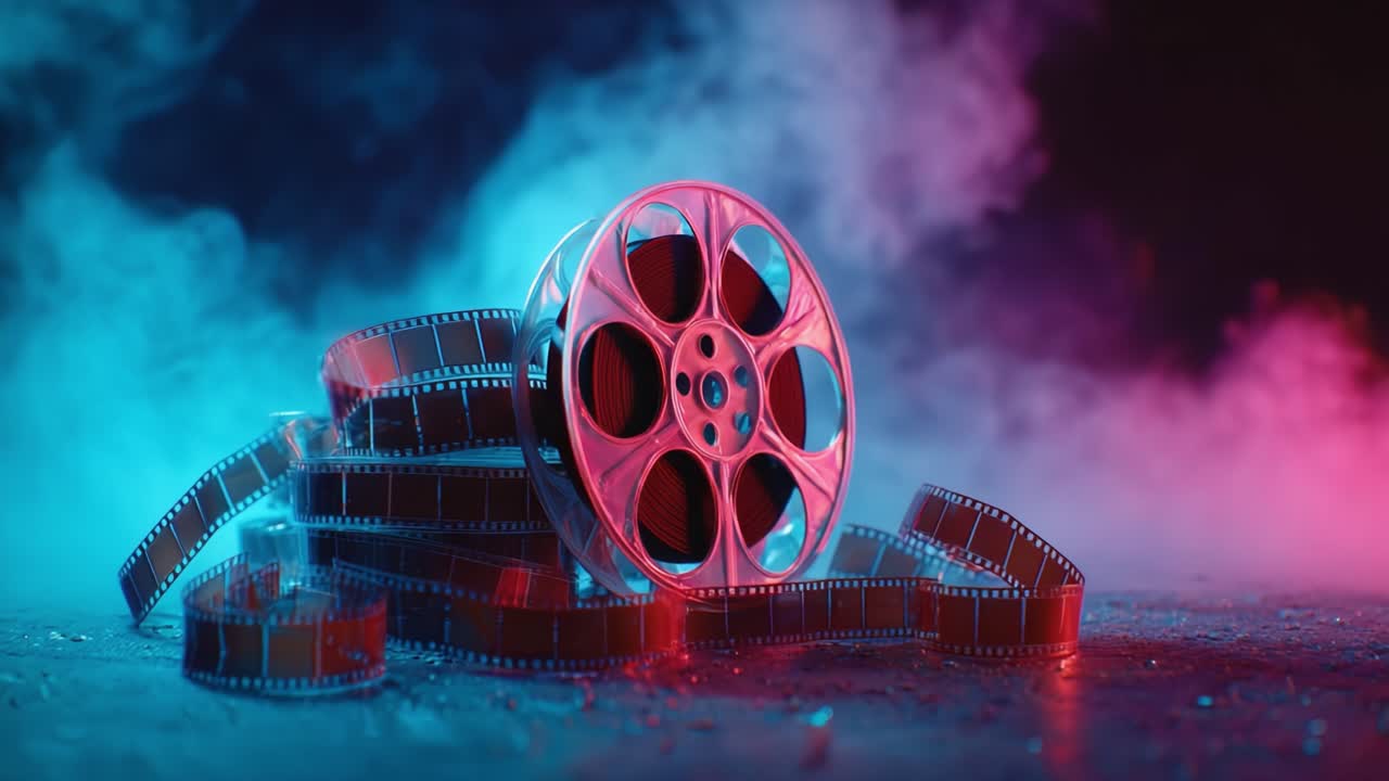 A Cinematic Journey: Captivating Film Reel Surrounded by Vibrant Smoke and Filmstrips, Creating an Atmosphere of Creativity and Imagination in the World of Cinema