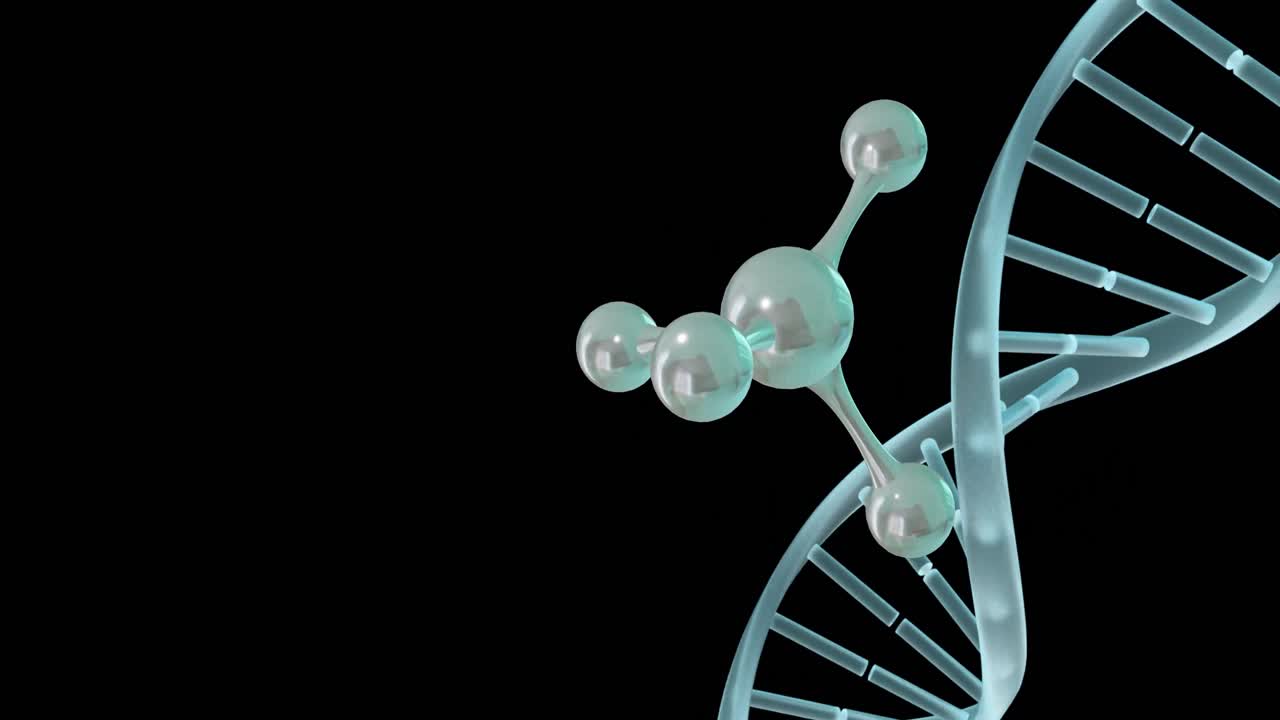animación de micro 3d de moléculas y hebra de adn en fondo negro