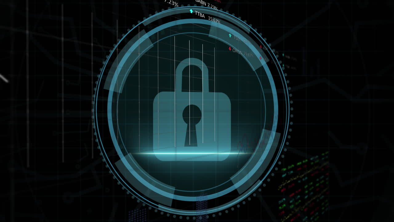 Animation of padlock digital icon and data processing over black background