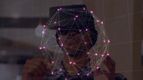 Globe-of-network-of-connections-against-man-using-VR-headset