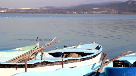 small metal fishing boats anchored at the rocky