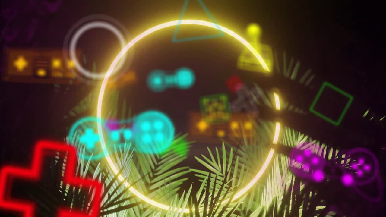 Animation of neon gaming icons over neon circle and leaves