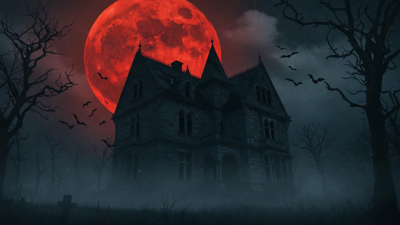 A Spooky Haunted Mansion Illuminated by a Blood-Red Moon in a Creepy Foggy Landscape with Bats Flying Against a Dark and Ominous Sky