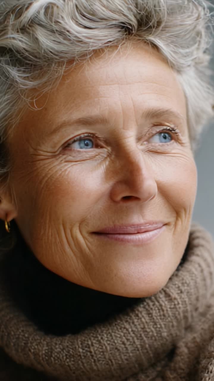 A Close-Up Portrait of a Woman with Gray Hair Smiling Softly, Capturing the Essence of Grace and Maturity in a Warm Sweater