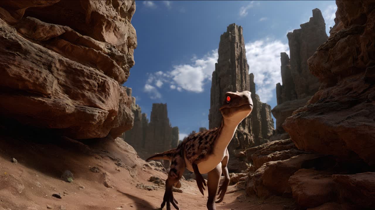 Un vibrante paesaggio preistorico con un dinosauro dettagliato che esplora un terreno accidentato sotto un cielo azzurro limpido e imponenti formazioni rocciose.