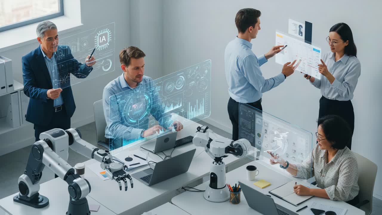 Collaboration in a High-Tech Office: Professionals Engaging with Advanced Robotics and Digital Interfaces to Enhance Productivity and Workflow