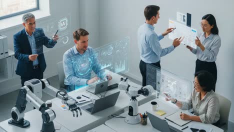 collaboration in a high-tech office: professionals engaging with advanced robotics and digital interfaces to enhance productivity and workflow