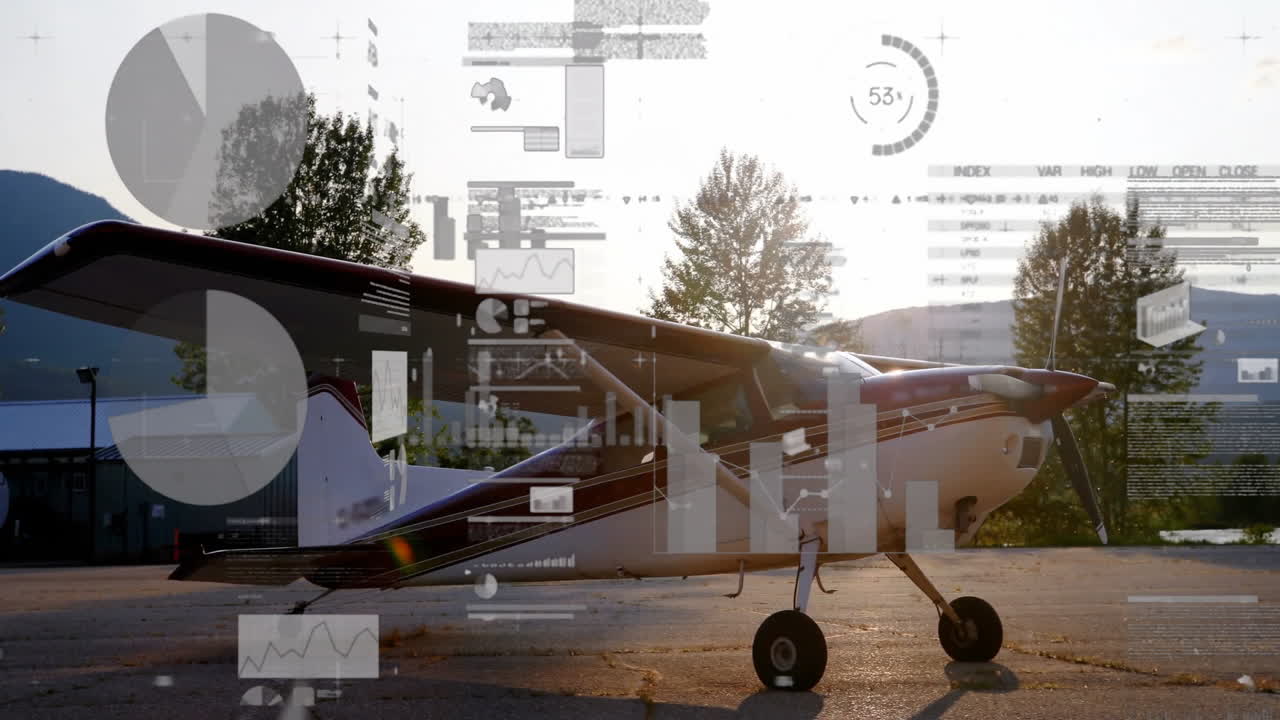 анимация обработки финансовых данных над самолетом