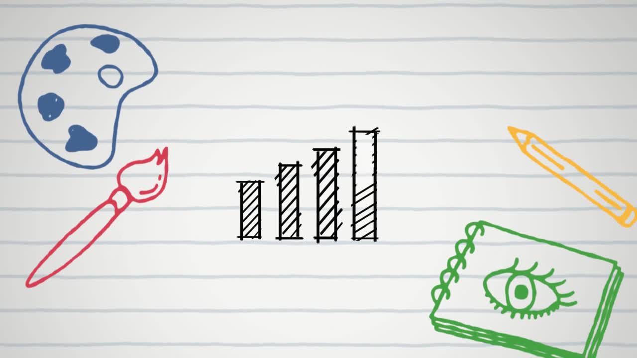 Animation of school icons over white ruled paper